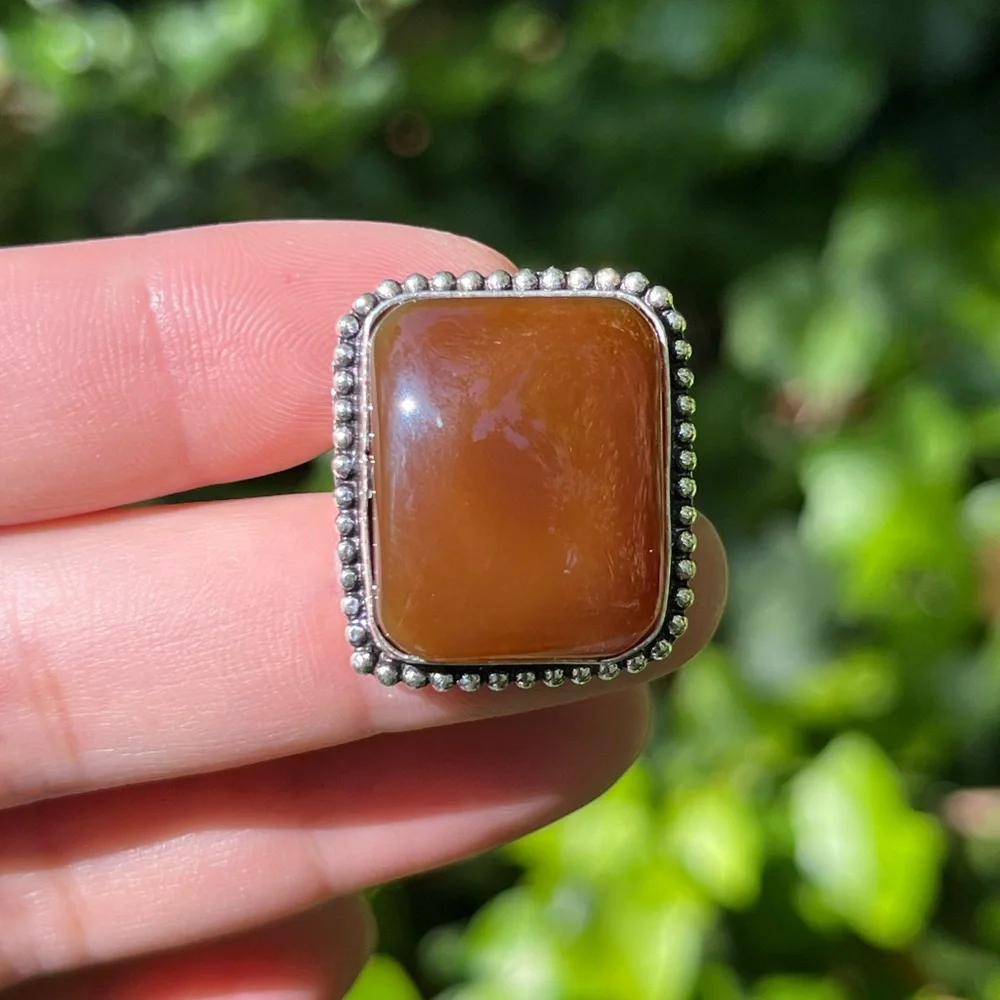 Size 8.25 925 silver plated brown agate square ring‎